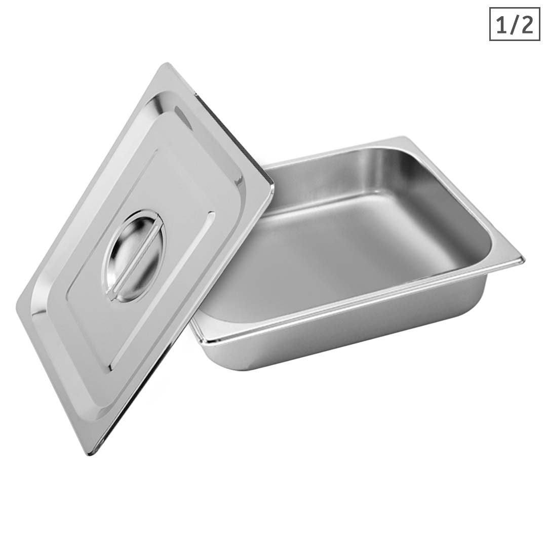 SOGA Gastronorm GN Pan Full Size 1/2 GN Pan 6.5cm Deep Stainless Steel Tray With Lid • LUZ-GP5409wLidX1
