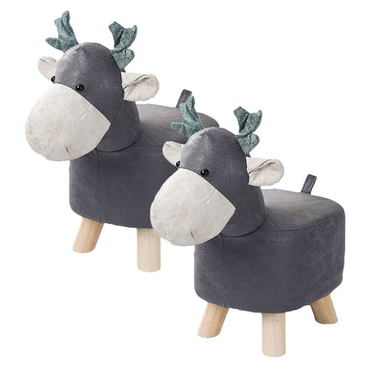SOGA 2X Grey Children Bench Deer Character Round Ottoman Stool Soft Small Comfy Seat Home Decor • LUZ-AniStool25X2
