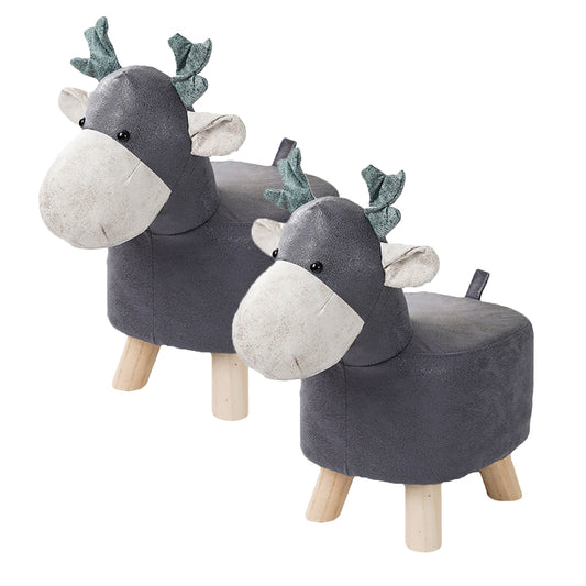 SOGA 2X Grey Children Bench Deer Character Round Ottoman Stool Soft Small Comfy Seat Home Decor • LUZ-AniStool25X2
