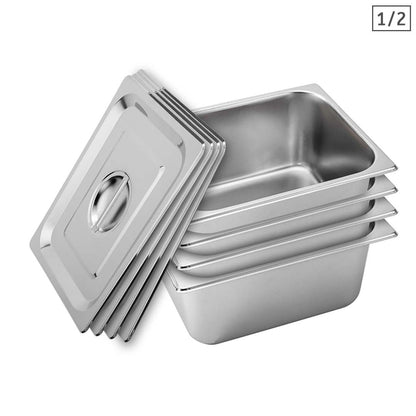 SOGA 4X Gastronorm GN Pan Full Size 1/2 GN Pan 15cm Deep Stainless Steel With Lid • LUZ-GP5411wLidX4