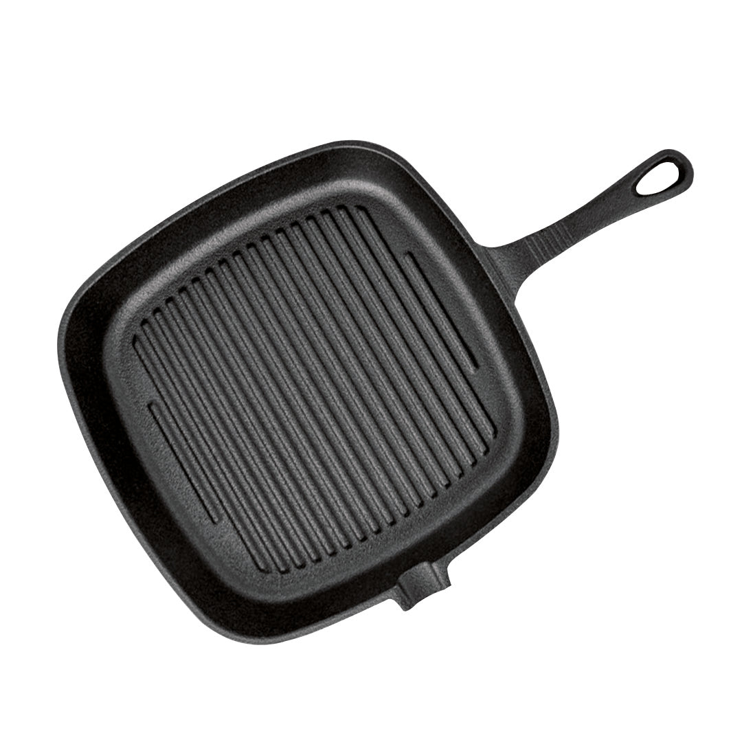 SOGA 23.5cm Square Ribbed Cast Iron Frying Pan Skillet Steak Sizzle Platter with Handle • LUZ-ZPai006