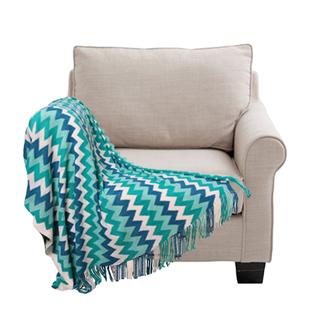 SOGA 220cm Blue Zigzag Striped Throw Blanket Acrylic Wave Knitted Fringed Woven Cover Couch Bed Sofa Home Decor • LUZ-Blanket920