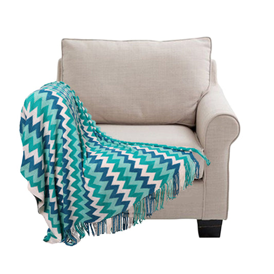 SOGA 220cm Blue Zigzag Striped Throw Blanket Acrylic Wave Knitted Fringed Woven Cover Couch Bed Sofa Home Decor • LUZ-Blanket920