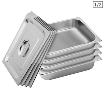 SOGA 4X Gastronorm GN Pan Full Size 1/2 GN Pan 6.5cm Deep Stainless Steel Tray With Lid • LUZ-GP5409wLidX4