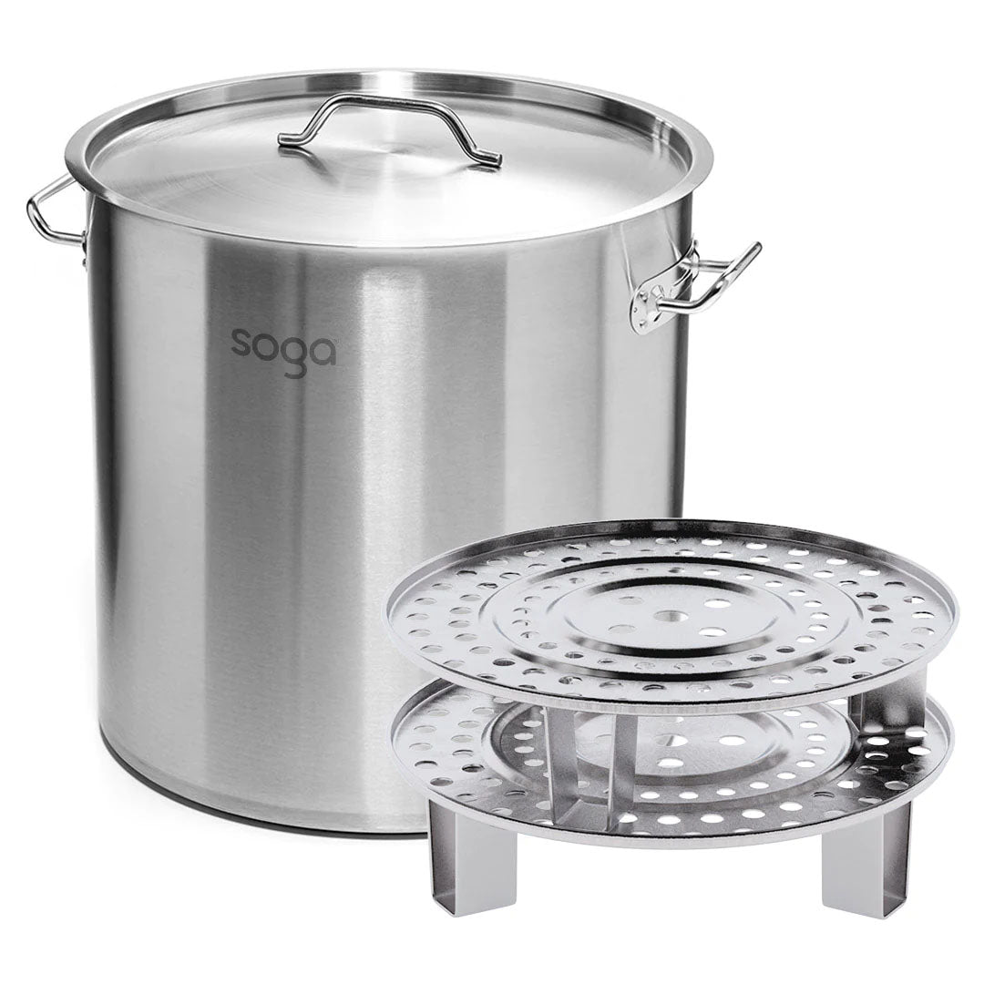 SOGA 21L Stainless Steel Stock Pot with Two Steamer Rack Insert Stockpot Tray • LUZ-StockPot30CM-2XRack28CM