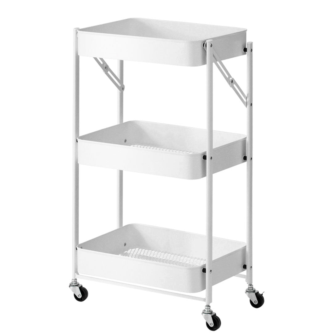 SOGA 3 Tier Steel White Foldable Kitchen Cart Multi-Functional Shelves Portable Storage Organizer with Wheels • LUZ-KitchenXY012