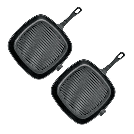 SOGA 2X 23.5cm Square Ribbed Cast Iron Frying Pan Skillet Steak Sizzle Platter with Handle • LUZ-ZPai006X2