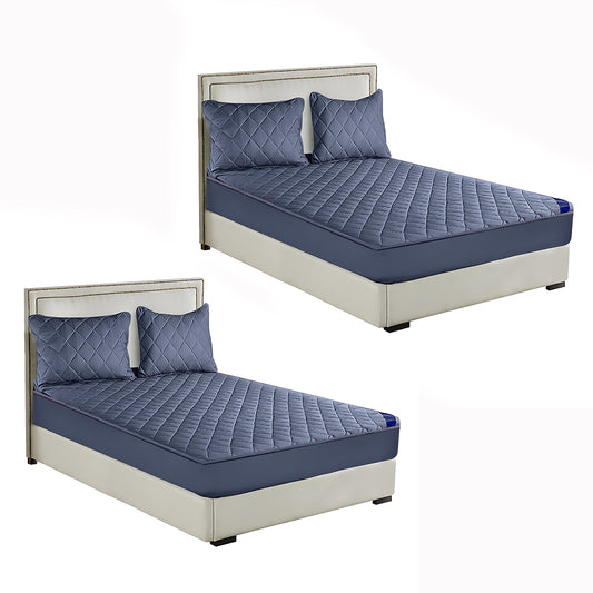SOGA 2X Blue 138cm Wide Cross-Hatch Mattress Cover Thick Quilted Stretchable Bed Spread Sheet Protector with Pillow Covers • LUZ-BCover4008X2