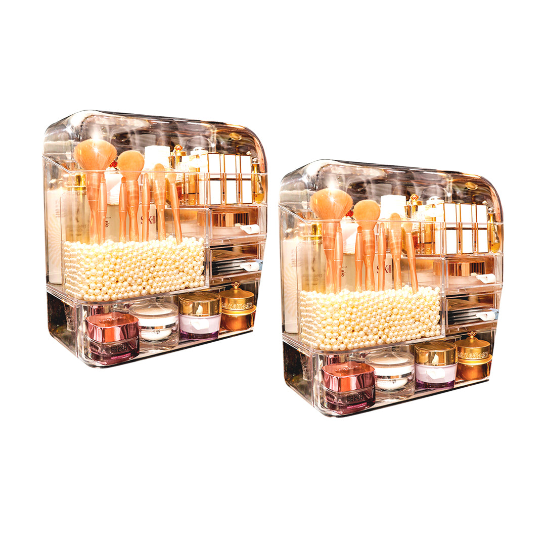 SOGA 2X Transparent Cosmetic Storage Box Clear Makeup Skincare Holder with Lid Drawers Waterproof  Dustproof Organiser with Pearls • LUZ-BathC108X2