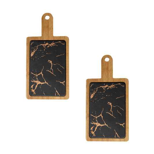 SOGA 2X 33.5cm Black Square Wooden Serving Tray Slate Steak Serving Platter Chopping Board Paddle Home Decor • LUZ-WodE594X2