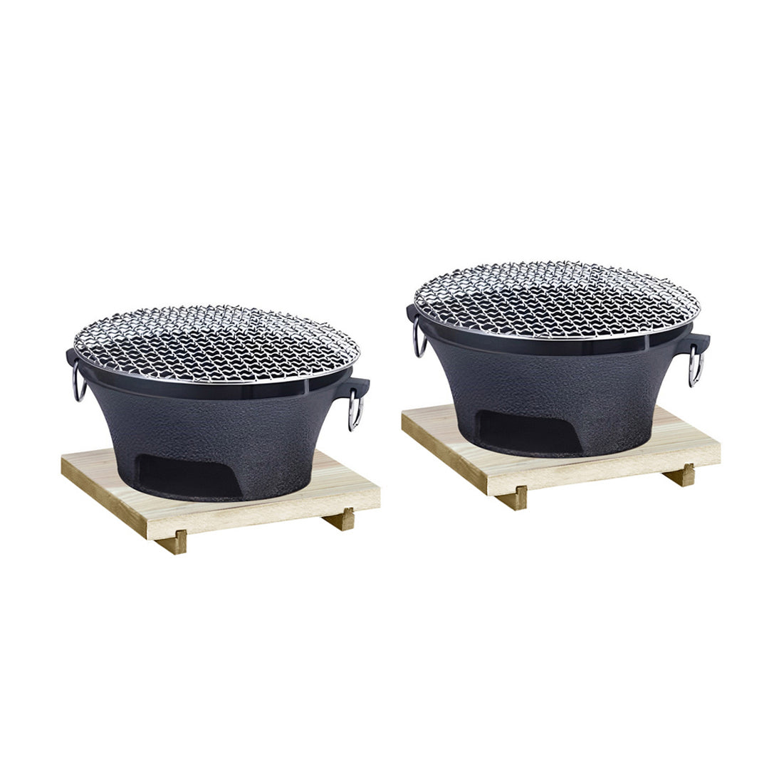 SOGA 2X Large Cast Iron Round Stove Charcoal Table Net Grill Japanese Style BBQ Picnic Camping with Wooden Board • LUZ-Zpai056LgeX2