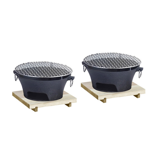SOGA 2X Large Cast Iron Round Stove Charcoal Table Net Grill Japanese Style BBQ Picnic Camping with Wooden Board • LUZ-Zpai056LgeX2