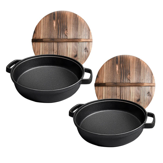 SOGA 2X 29cm Round Cast Iron Pre-seasoned Deep Baking Pizza Frying Pan Skillet with Wooden Lid • LUZ-ZPaiC1X2