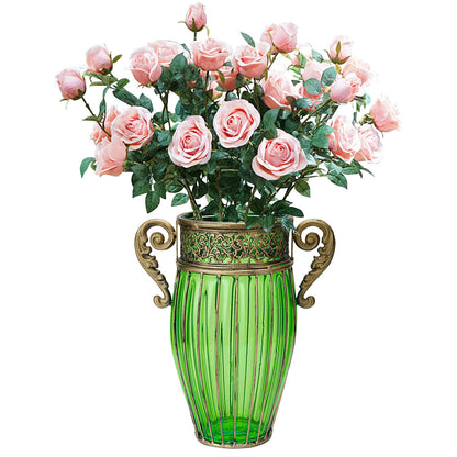 SOGA Green Glass Flower Vase with 8 Bunch 5 Heads Artificial Fake Silk Rose Home Decor Set • LUZ-YG8038G-F009