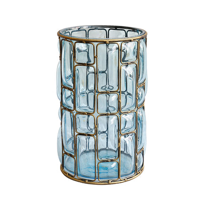 SOGA Blue Colored European Glass Cylinder Flower Vase with Gold Metal Pattern • LUZ-HO-VaseYG3264