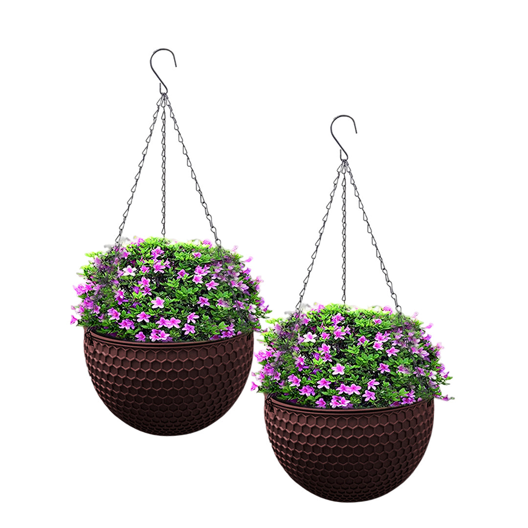 SOGA 2X Coffee Medium Hanging Resin Flower Pot Self Watering Basket Planter Outdoor Garden Decor • LUZ-HangPot12CofX2