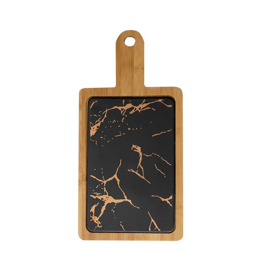 SOGA 33.5cm Black Square Wooden Serving Tray Slate Steak Serving Platter Chopping Board Paddle Home Decor • LUZ-WodE594
