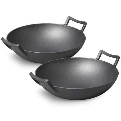 SOGA 2X 32cm Commercial Cast Iron Wok FryPan Fry Pan with Double Handle • LUZ-ZPai013AX2