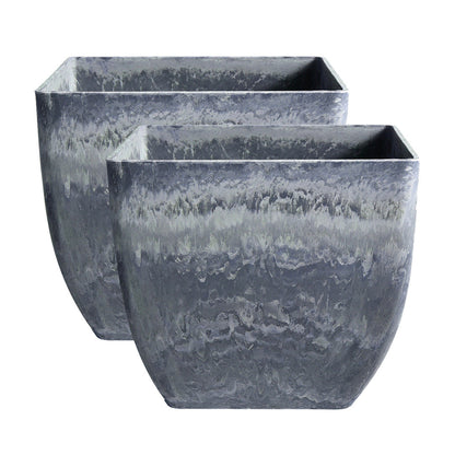 SOGA 2X 32cm Weathered Grey Square Resin Plant Flower Pot in Cement Pattern Planter Cachepot for Indoor Home Office • LUZ-FPotF3233X2