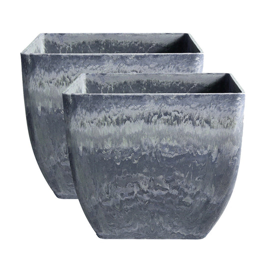 SOGA 2X 32cm Weathered Grey Square Resin Plant Flower Pot in Cement Pattern Planter Cachepot for Indoor Home Office • LUZ-FPotF3233X2
