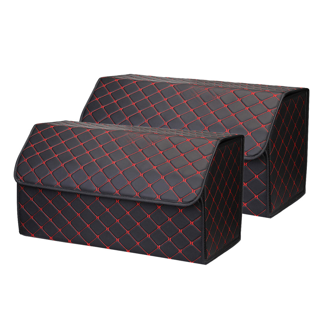 SOGA 2X Leather Car Boot Collapsible Foldable Trunk Cargo Organizer Portable Storage Box Black/Red Stitch Large • LUZ-StorageBLKREDLgeX2