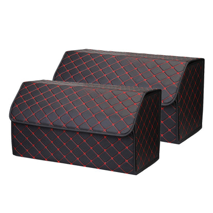 SOGA 2X Leather Car Boot Collapsible Foldable Trunk Cargo Organizer Portable Storage Box Black/Red Stitch Large • LUZ-StorageBLKREDLgeX2