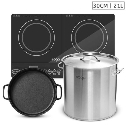 SOGA Dual Burners Cooktop Stove, 30cm Cast Iron Skillet and 21L Stainless Steel Stockpot 30cm • LUZ-ECooktDBL-Sizzle30-StockP30CM