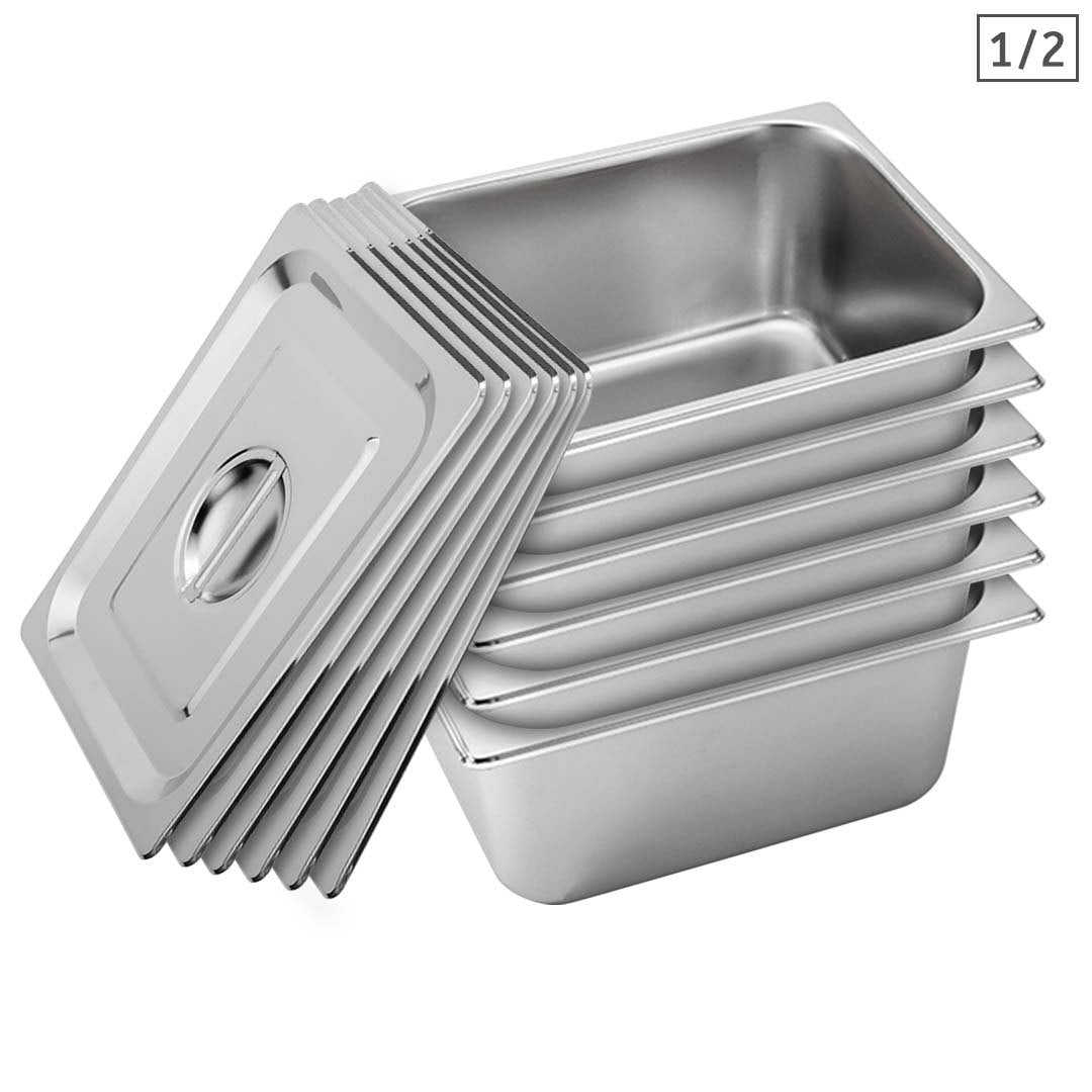 SOGA 6X Gastronorm GN Pan Full Size 1/2 GN Pan 15cm Deep Stainless Steel With Lid • LUZ-GP5411wLidX6