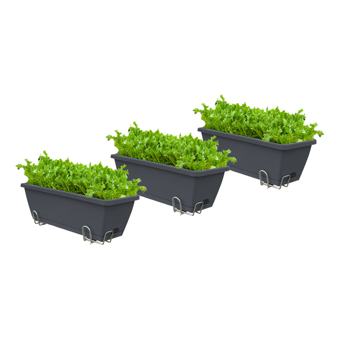 SOGA 49.5cm Black Rectangular Planter Vegetable Herb Flower Outdoor Plastic Box with Holder Balcony Garden Decor Set of 3 • LUZ-PlantBox3G