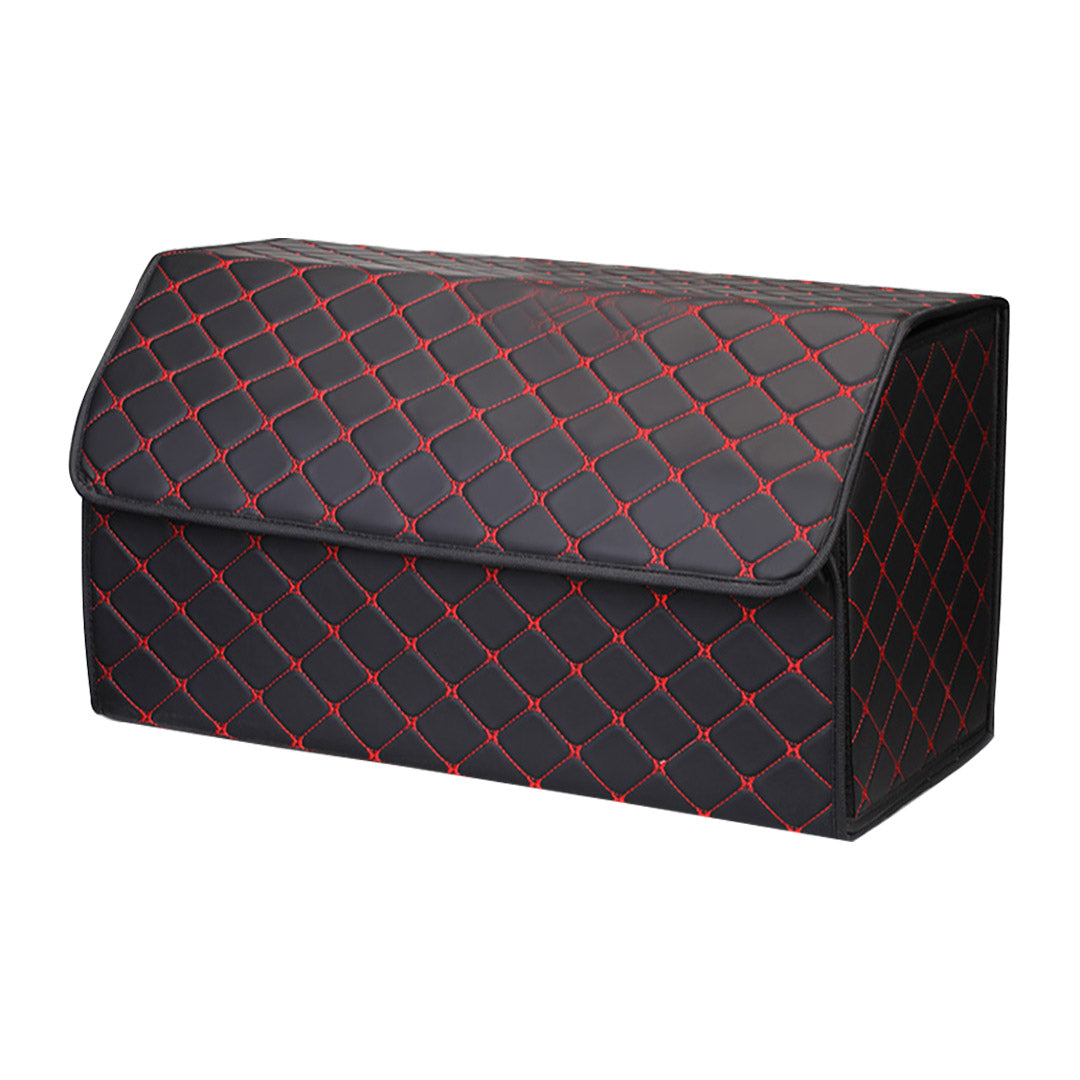 SOGA Leather Car Boot Collapsible Foldable Trunk Cargo Organizer Portable Storage Box Black/Red Stitch Large • LUZ-StorageBLKREDLge