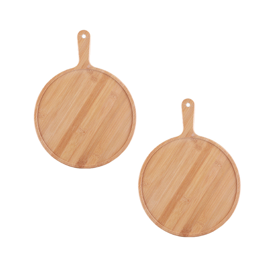 SOGA 2X 11 inch Blonde Round Premium Wooden Serving Tray Board Paddle with Handle Home Decor • LUZ-WodE506X2
