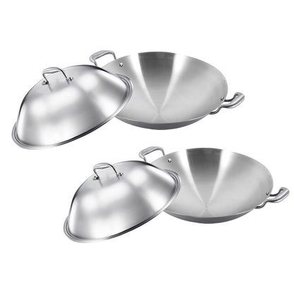 SOGA 2X 3-Ply 42cm Stainless Steel Double Handle Wok Frying Fry Pan Skillet with Lid • LUZ-WokTRIFPG42X2