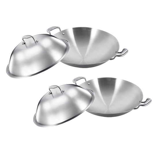 SOGA 2X 3-Ply 42cm Stainless Steel Double Handle Wok Frying Fry Pan Skillet with Lid • LUZ-WokTRIFPG42X2