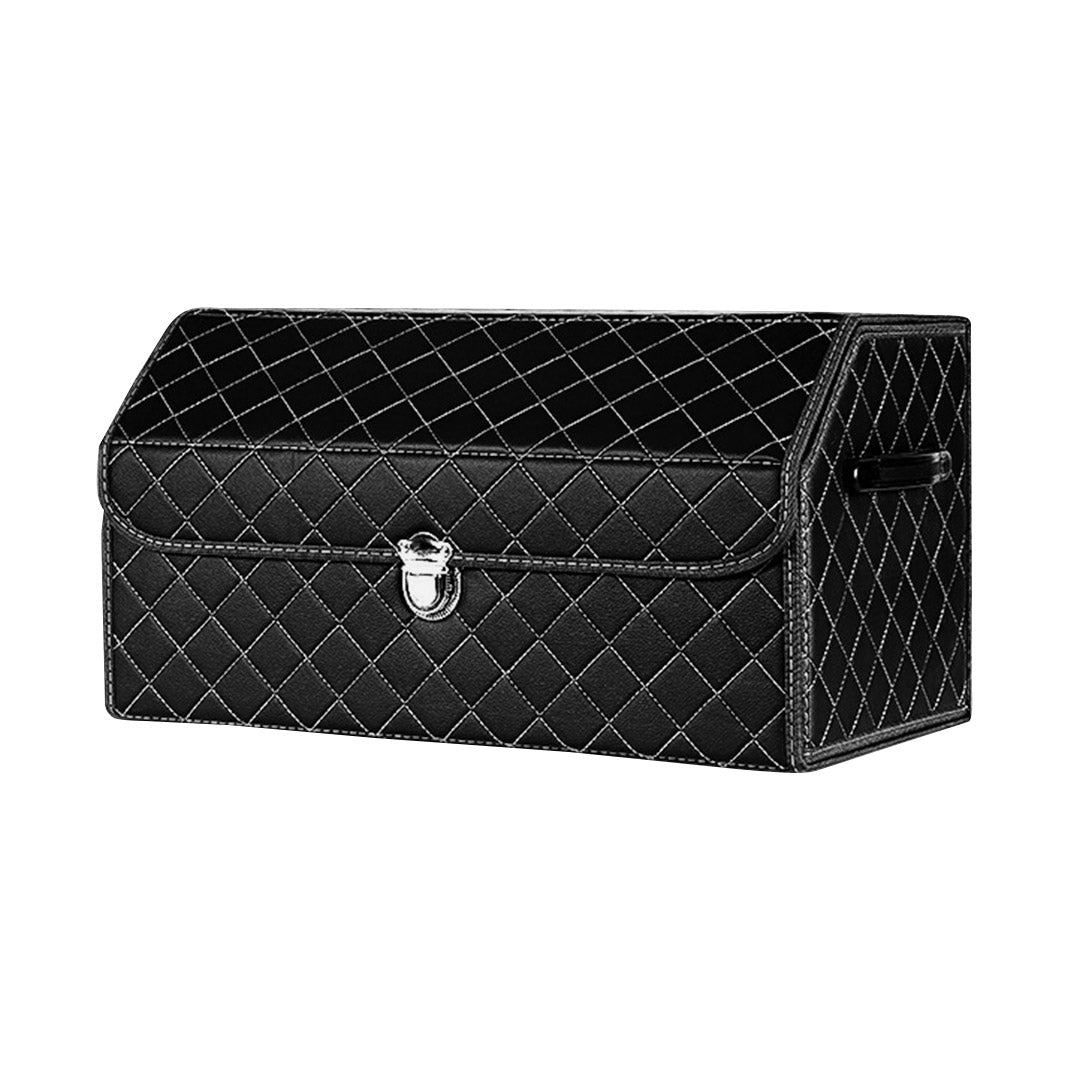 SOGA Leather Car Boot Collapsible Foldable Trunk Cargo Organizer Portable Storage Box Black/White Stitch with Lock Medium • LUZ-StorageBLK387