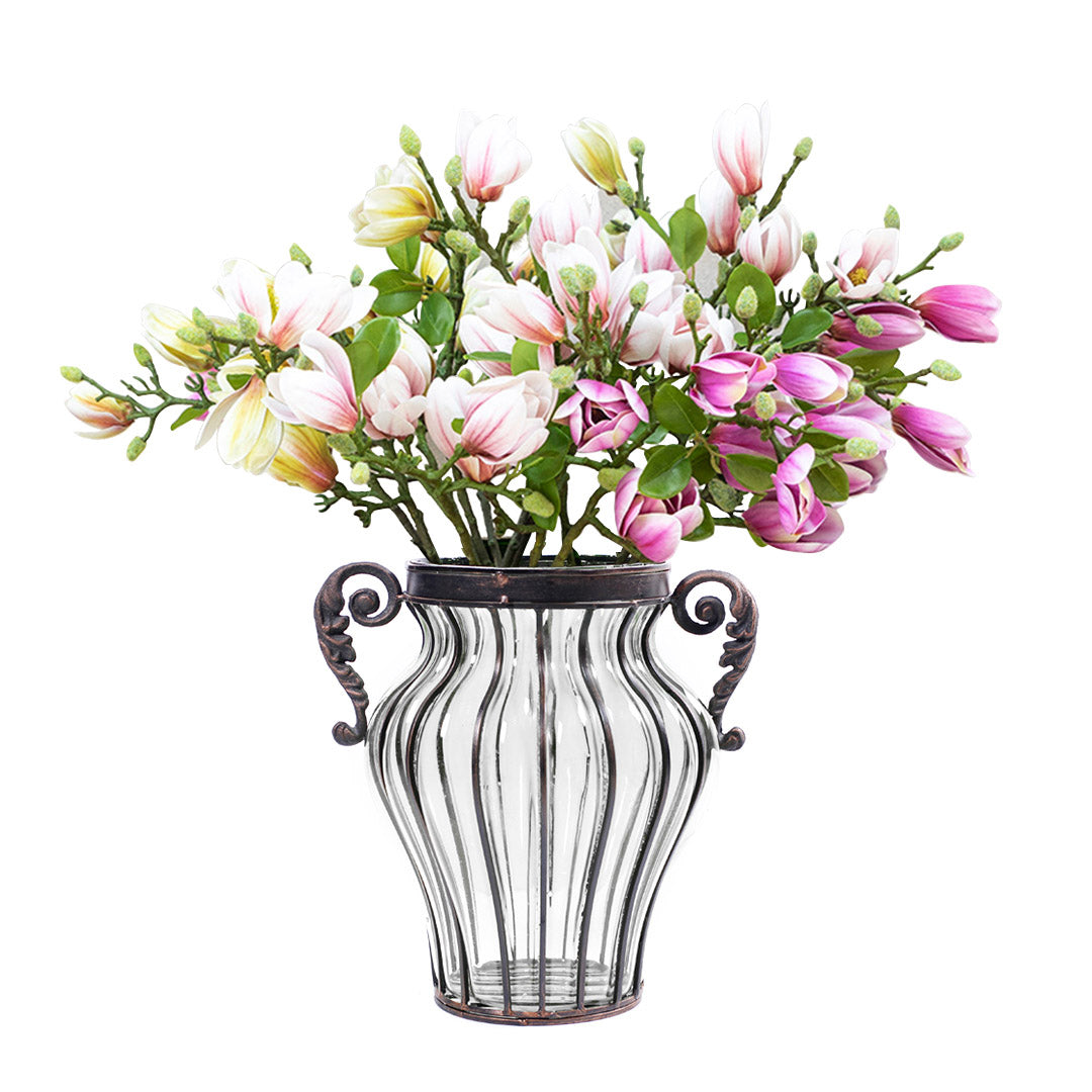 SOGA Clear Glass Flower Vase with 6 Bunch 4 Heads Artificial Fake Silk Magnolia denudata Home Decor Set • LUZ-YG8054Clear-F007