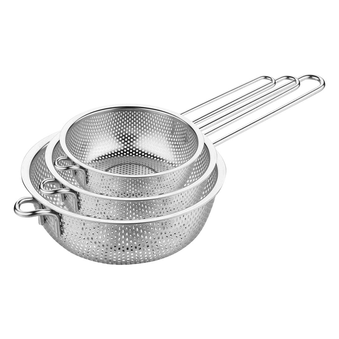 SOGA Stainless Steel Perforated Colander Fine Mesh Net Food Strainer Basket with Handle Skimmer Sieve Set • LUZ-NetColanderSet