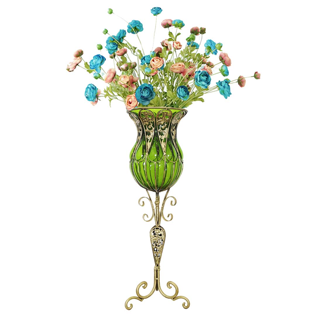 SOGA 85cm Green Glass Tall Floor Vase and 12pcs Blue Artificial Fake Flower Set • LUZ-Vase3019GreenwBlueF12