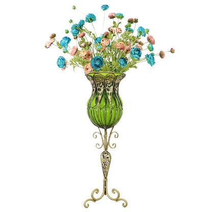 SOGA 85cm Green Glass Tall Floor Vase and 12pcs Blue Artificial Fake Flower Set • LUZ-Vase3019GreenwBlueF12
