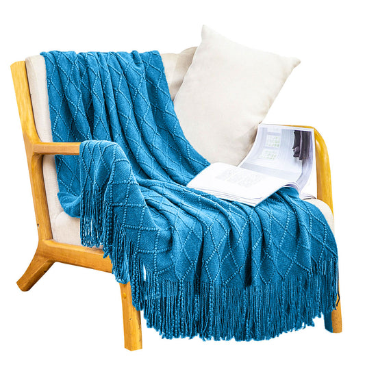 SOGA Blue Diamond Pattern Knitted Throw Blanket Warm Cozy Woven Cover Couch Bed Sofa Home Decor with Tassels • LUZ-Blanket904