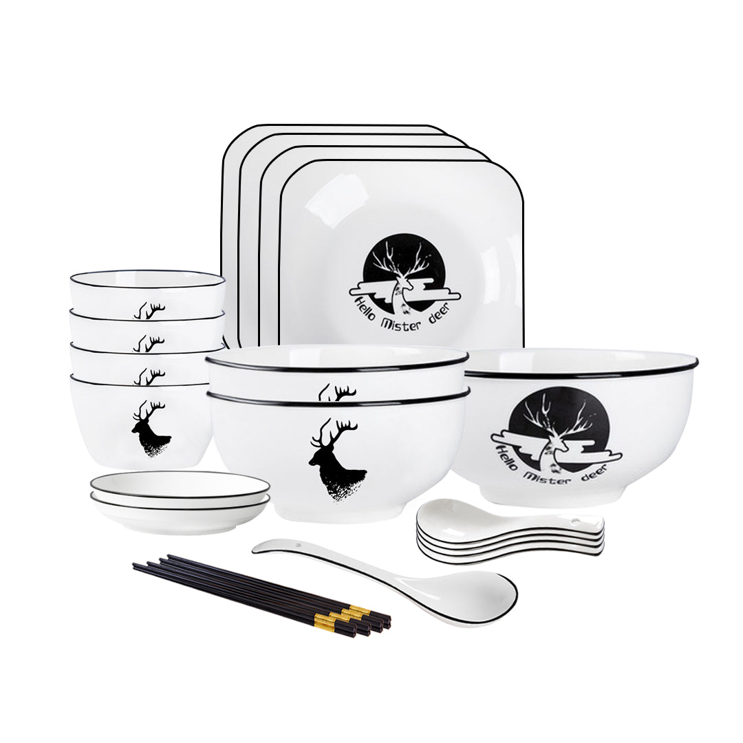 SOGA White Antler Printed Ceramic Dinnerware Set Crockery Soup Bowl Plate Server Kitchen Home Decor Set of 13 • LUZ-BowlG771