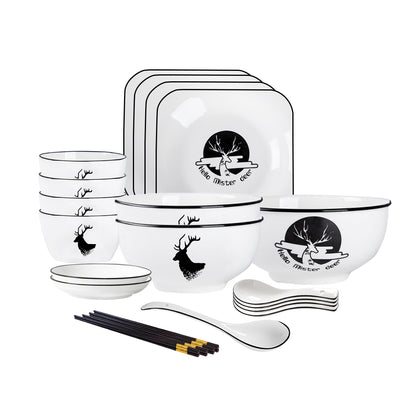 SOGA White Antler Printed Ceramic Dinnerware Set Crockery Soup Bowl Plate Server Kitchen Home Decor Set of 13 • LUZ-BowlG771