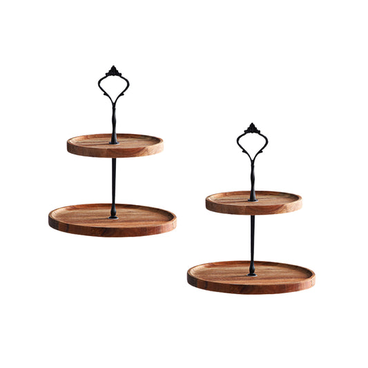 SOGA 2X 15cm 2 Tier  Brown Round Wooden Acacia Dessert Tray Cake Snacks Cupcake Stand Buffet Serving Countertop Decor • LUZ-WodC237X2