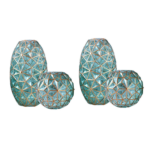 SOGA 2X Green Colored Diamond Cut Glass Flower Vase Round Jar Home Decor with Gold Accent Large and Medium Set • LUZ-GVaseGreenX2