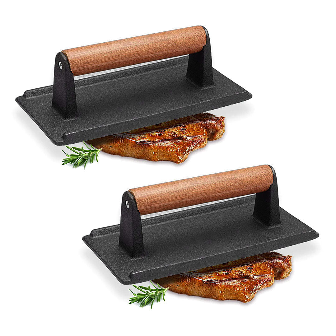 SOGA 2X Cast Iron Bacon Meat Steak Press Grill BBQ with Wood Handle Weight Plate • LUZ-ZPaiA9X2