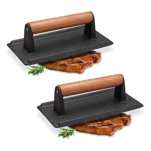 SOGA 2X Cast Iron Bacon Meat Steak Press Grill BBQ with Wood Handle Weight Plate • LUZ-ZPaiA9X2