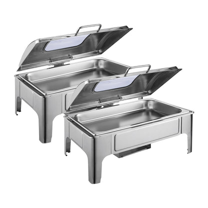 SOGA 2X 9L Rectangular Stainless Steel Soup Warmer Roll Top Chafer Chafing Dish Set with Glass Visual Window Lid • LUZ-ChafingDish0323X2