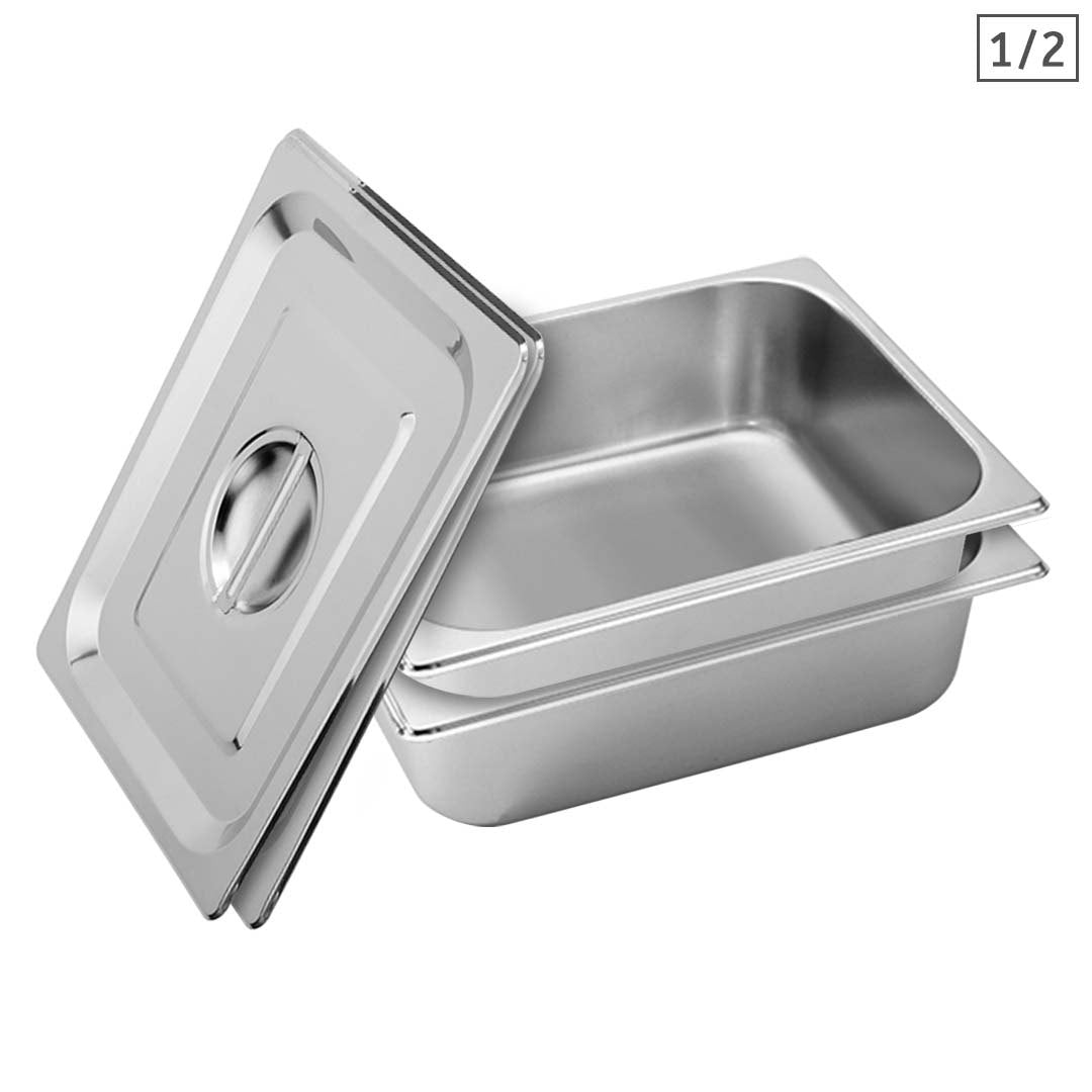 SOGA 2X Gastronorm GN Pan Full Size 1/2 GN Pan 10cm Deep Stainless Steel Tray With Lid • LUZ-GP5410wLidX2