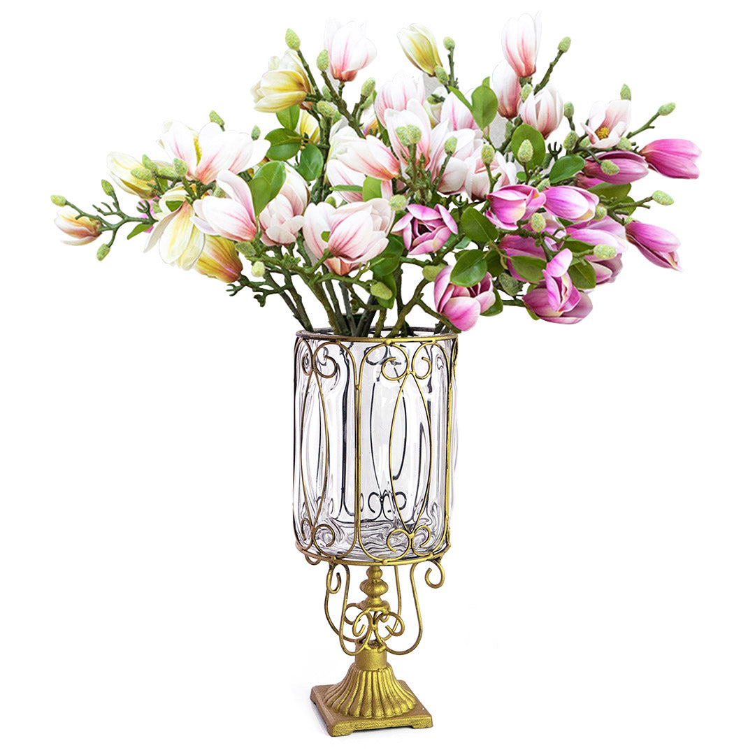 SOGA Clear Glass Cylinder Flower Vase with 6 Bunch 4 Heads Artificial Fake Silk Magnolia denudata Home Decor Set • LUZ-YG3015-F007