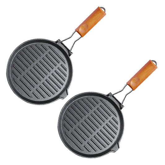 SOGA 2X 24cm Round Ribbed Cast Iron Steak Frying Grill Skillet Pan with Folding Wooden Handle • LUZ-ZPai026X2