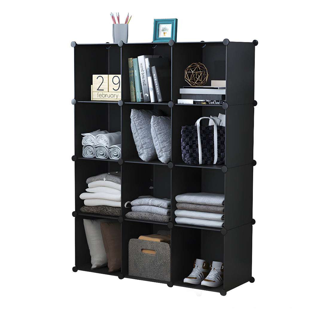 SOGA 4 Tier 12-Cube Black Portable Wardrobe Divide-Grid Modular Storage Organiser Foldable Closet • LUZ-Wrobe1768